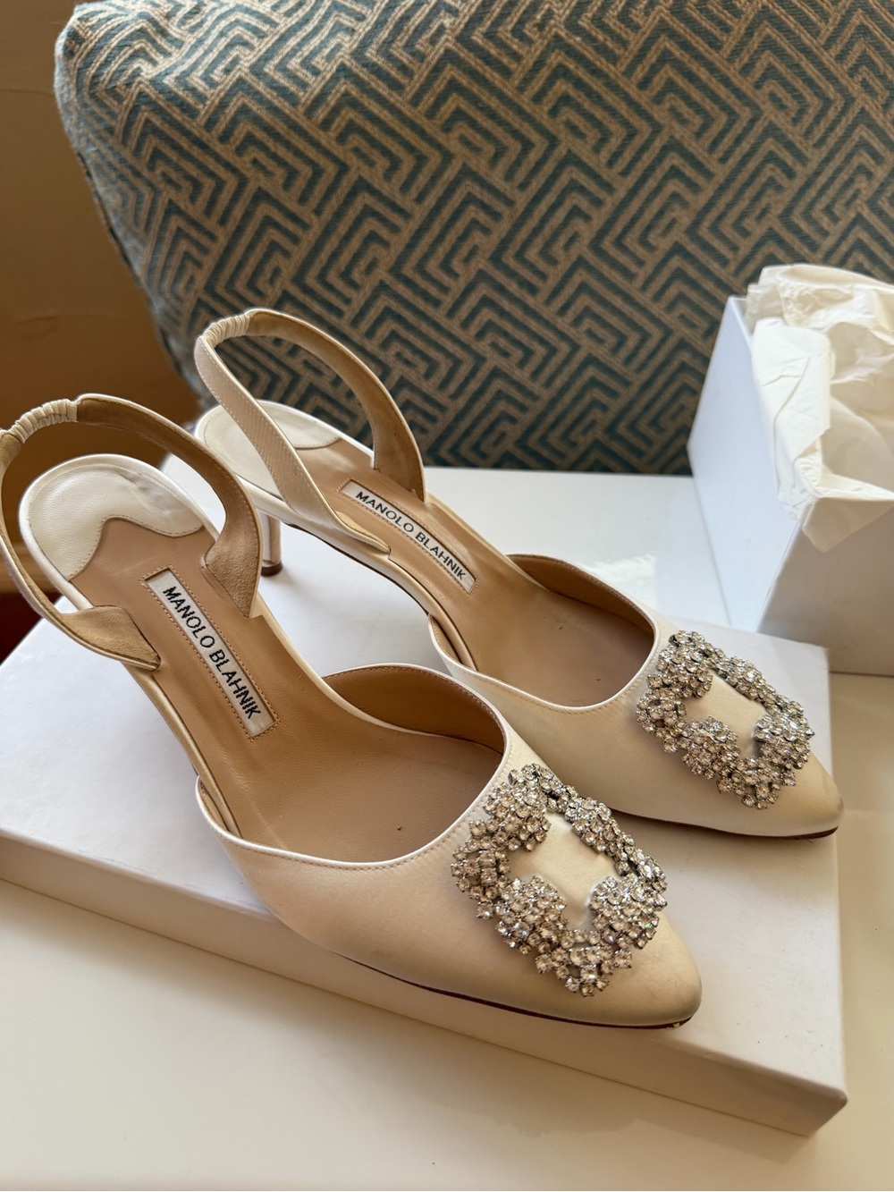Manolo Blahnik Ivory Crystal-Embellished Slingback Pumps